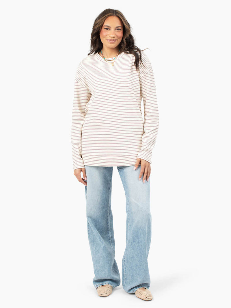 Mauve striped long sleeve tee for tall women relaxed fit