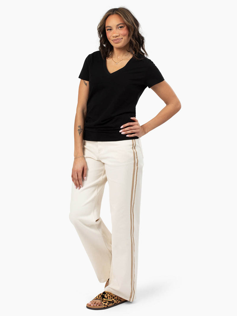 Black v-neck t-shirt for tall women with flattering long length