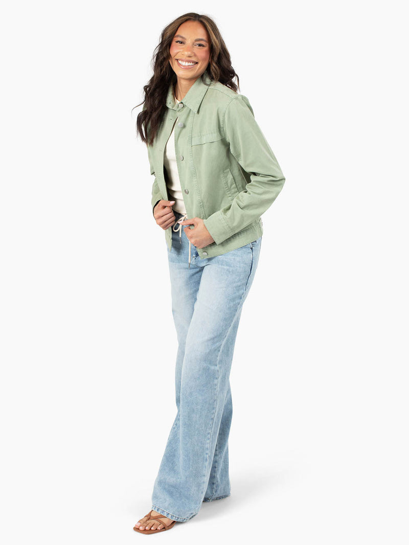 Tall women’s green cotton utility jacket with snap front