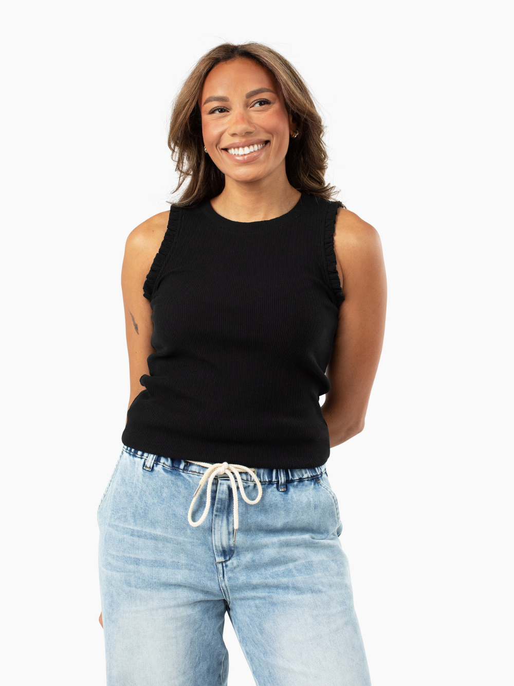 Tall Women's Ruffle Tank Top in Black for Long Torsos | Chloe Tank