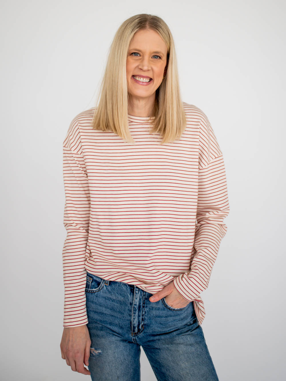 Venice Striped Long Sleeve Tee for Tall Women in Red - Amalli Talli