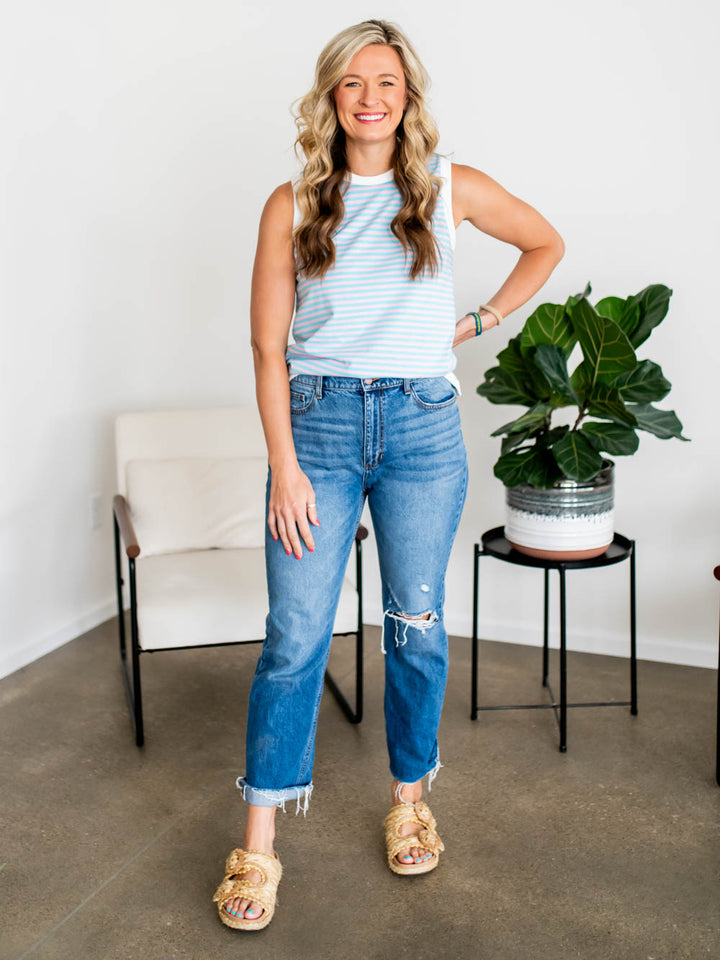 Blush Tide Tall Tank tucked into high-rise jean