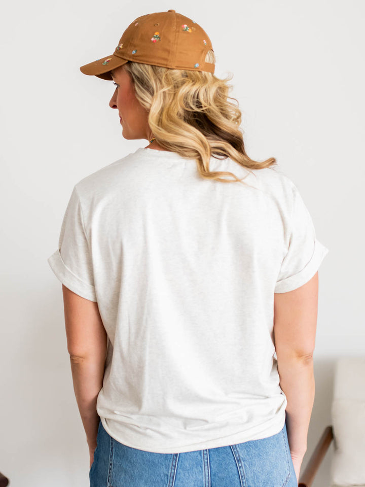 Back view of grey cotton Frame tee showing long torso fit for tall women
