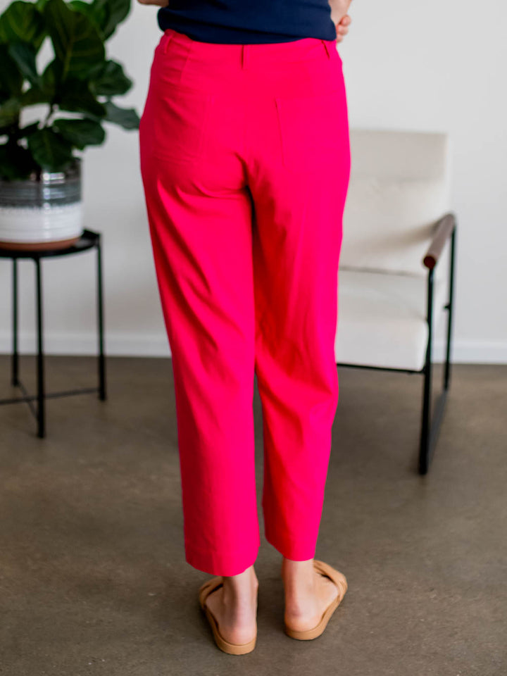 Back view of high-waisted cropped pants with patch pockets for tall frames