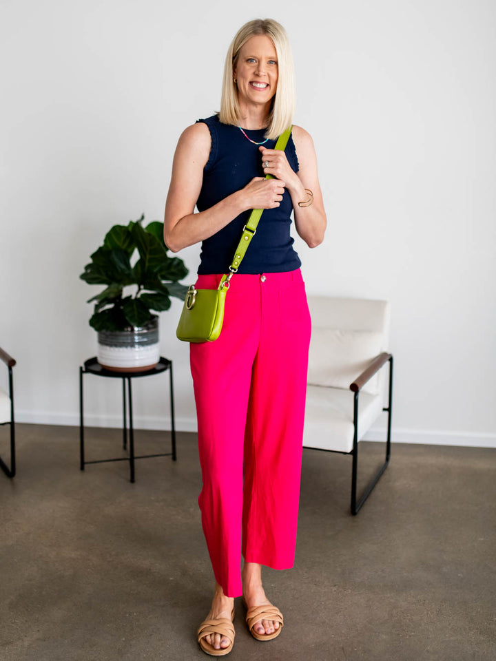 Linen blend cropped pants in pink for tall women styled with sandals