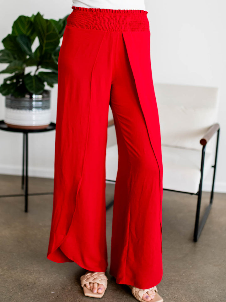 Overlapping red wide-leg pants for tall women in 36" inseam