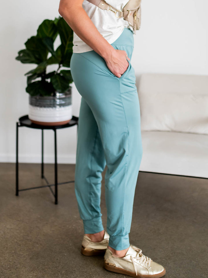 Side view of athletic joggers for tall women in long inseam length