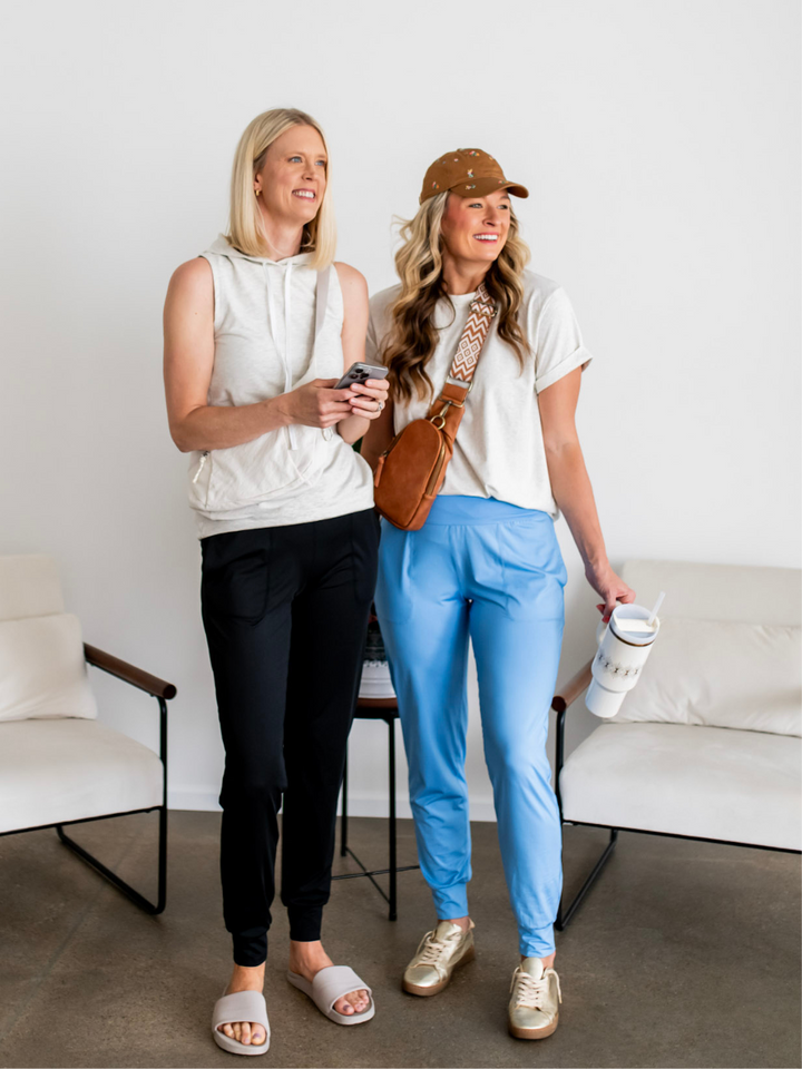 32" and 34" inseam athleisure joggers shown on tall women