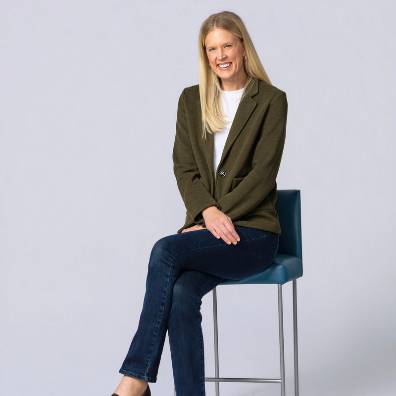 The Golden Hour Edit – tall woman in the Blair wide stripe long sleeve tee and Ellis flare trouser