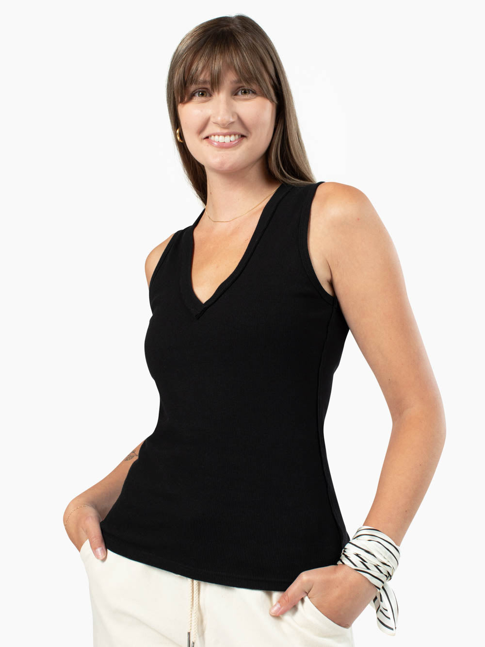 Riviera V-Neck Tall Rib Tank - Black