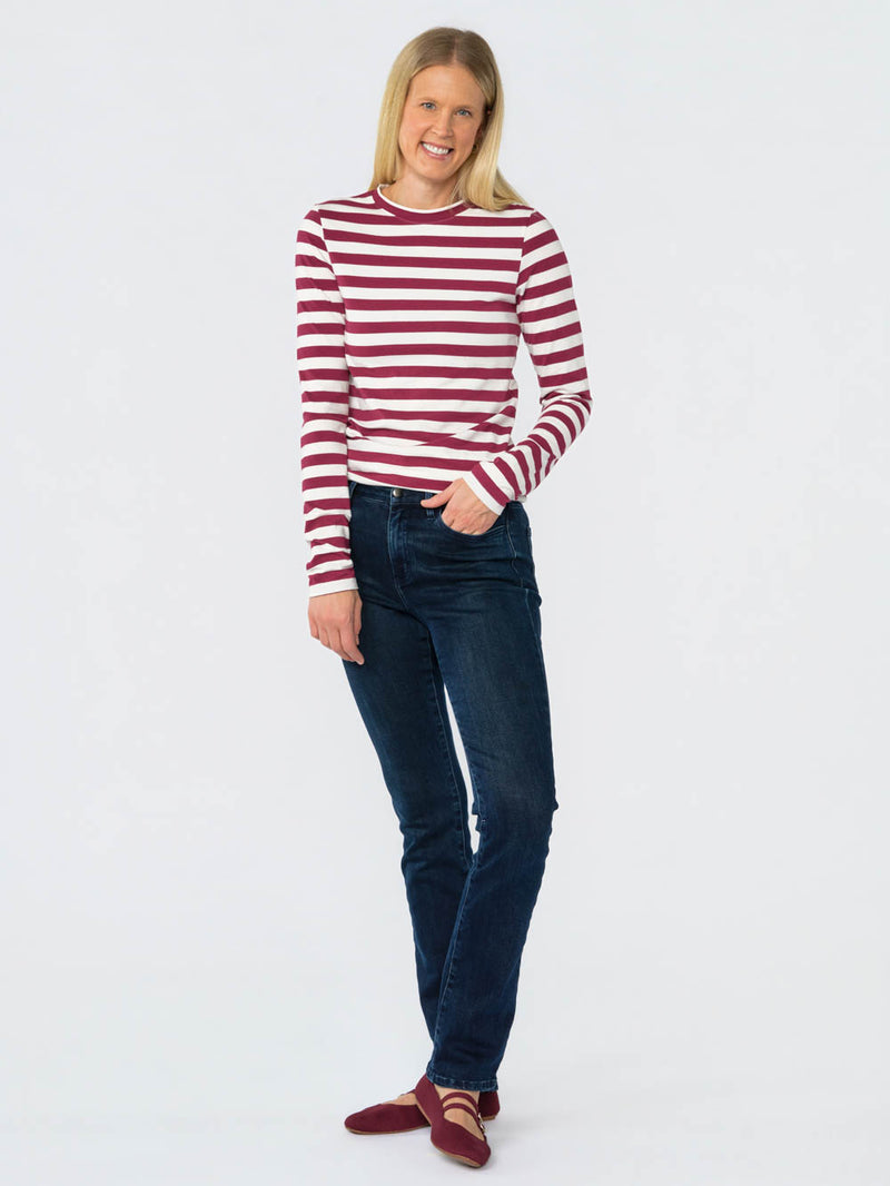 Blair Wide Stripe Long Sleeve Tee for tall women in White & Burgundy