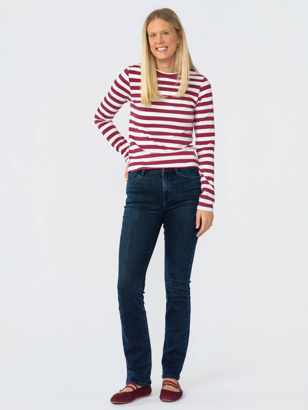 Blair Wide Stripe Long Sleeve Tee for tall women in White & Burgundy, photo 4