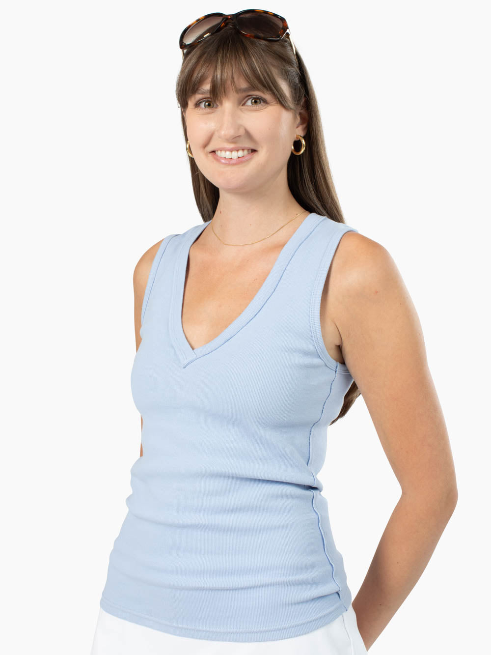Riviera V-Neck Tall Rib Tank - Sky Blue