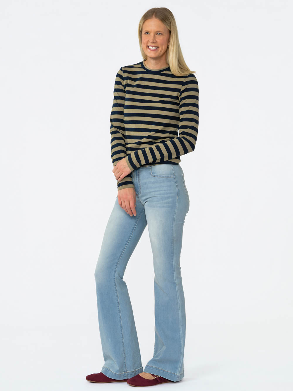 Blair Wide Stripe Long Sleeve Tee for tall women in Olive & Navy