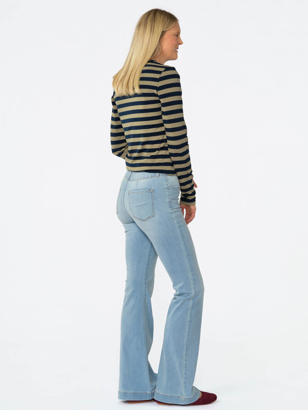 Blair Wide Stripe Long Sleeve Tee for tall women in Olive & Navy, photo 2