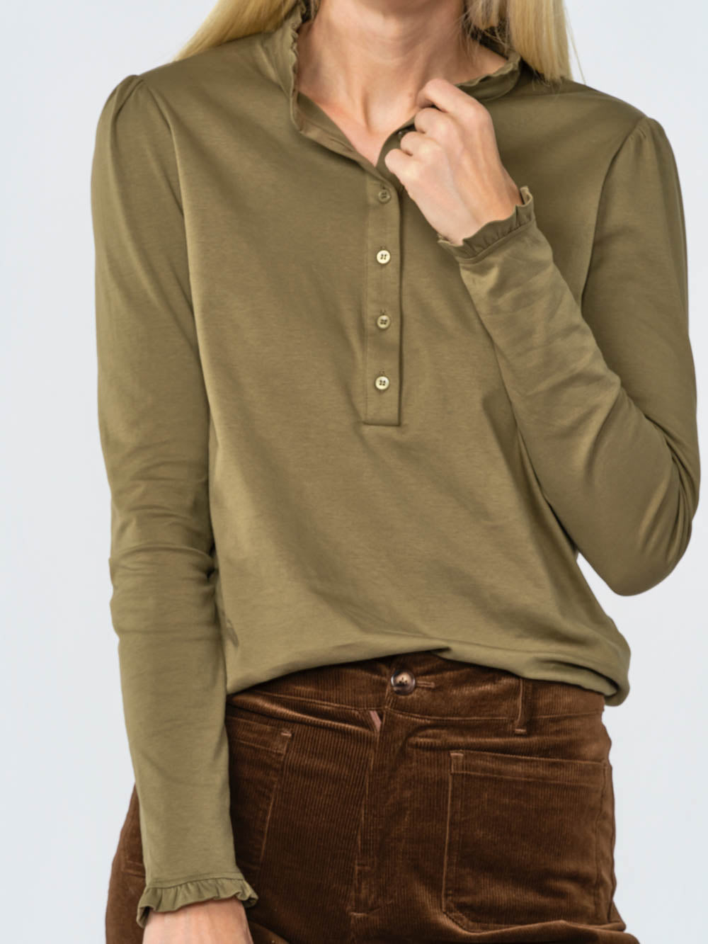 Hallie Ruffle Henley for tall women in Olive, photo 2