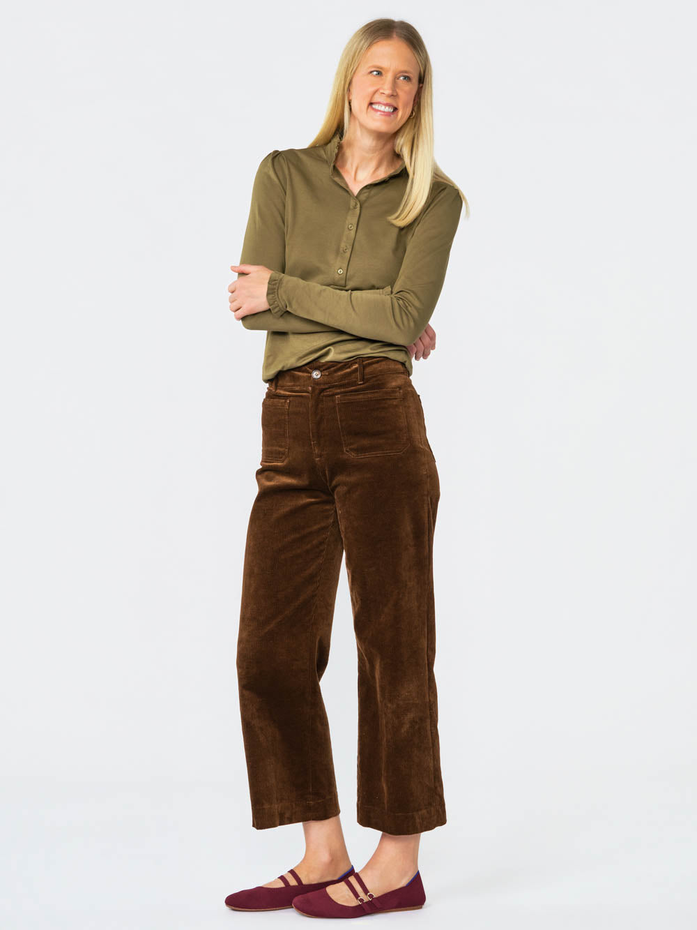 Hallie Ruffle Henley for tall women in Olive, photo 7