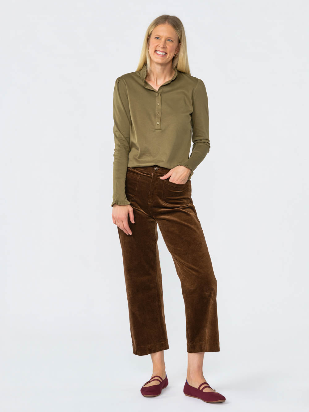 Hallie Ruffle Henley for tall women in Olive, photo 5