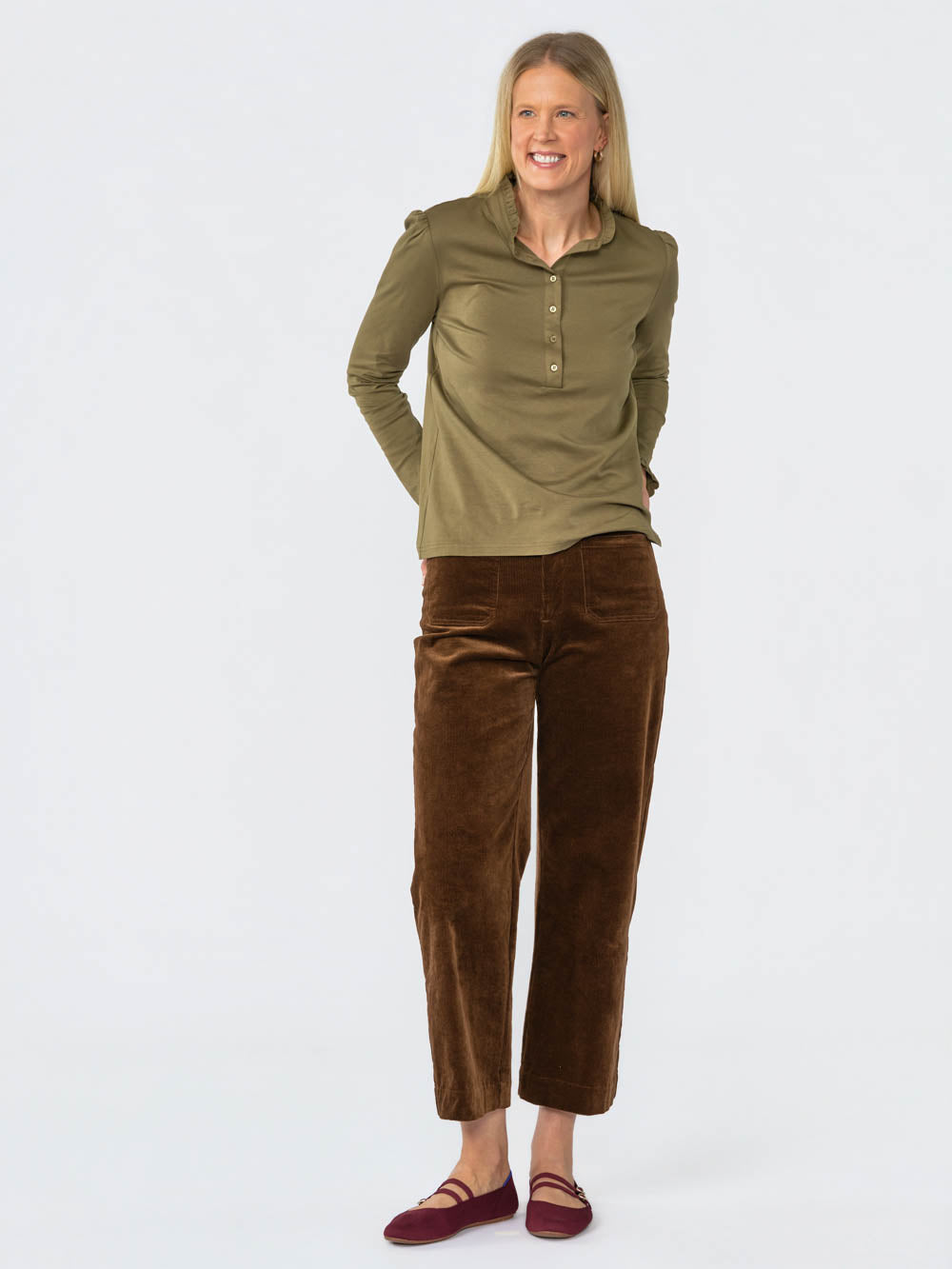 Hallie Ruffle Henley for tall women in Olive