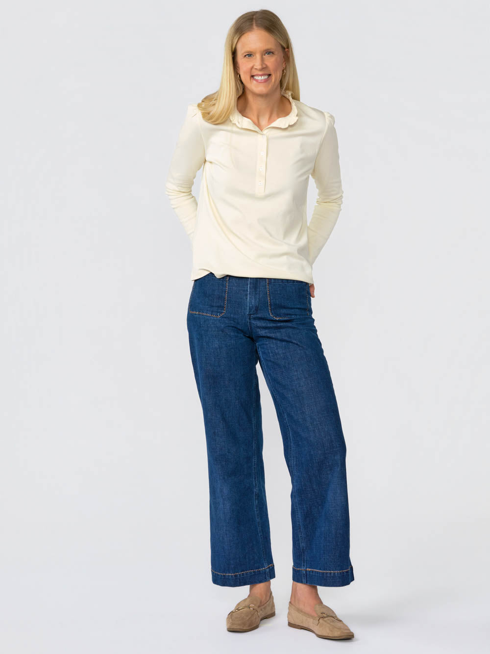 Hallie Ruffle Henley for tall women in Cream
