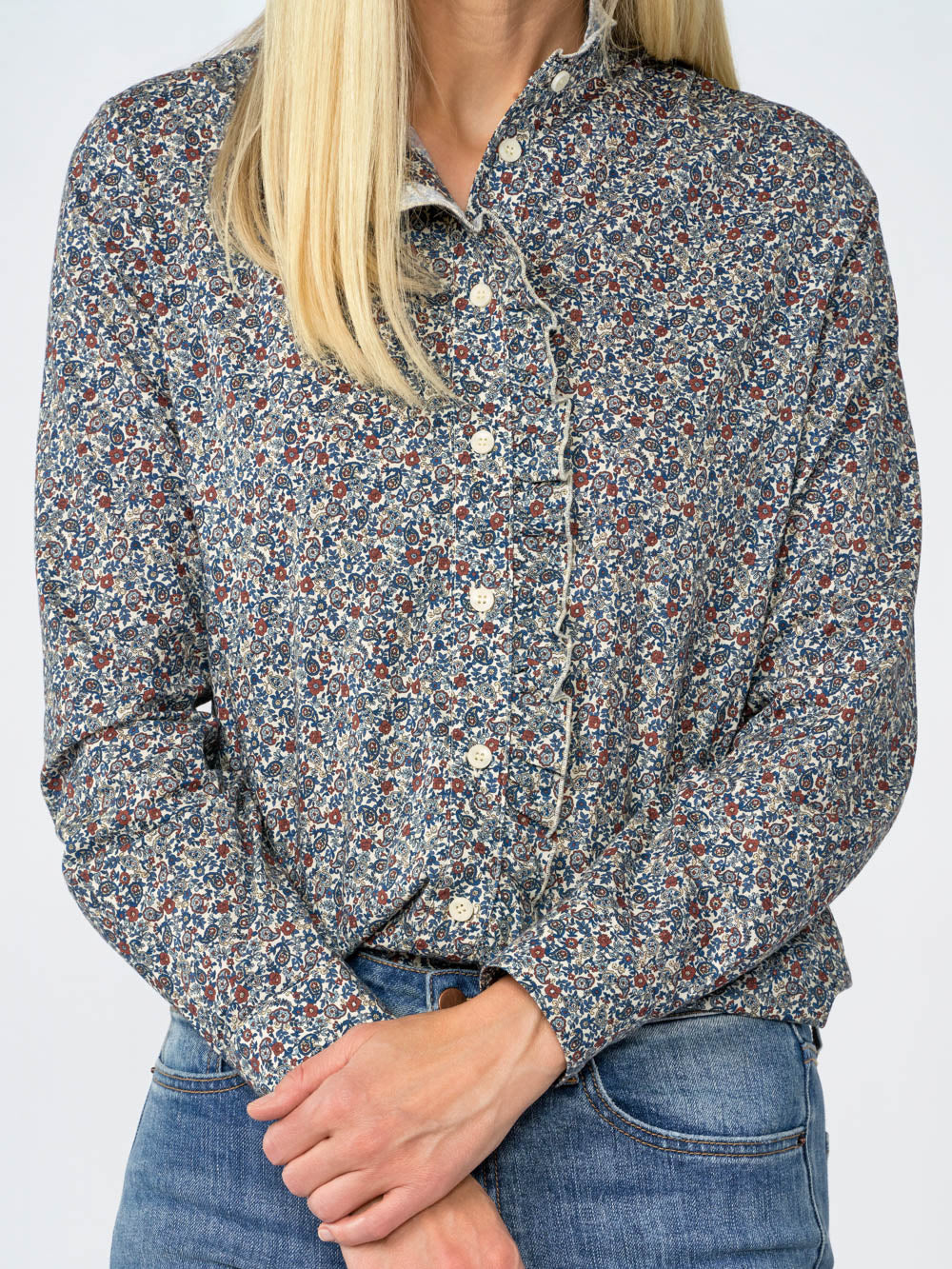 Cecily Paisley Ruffle Blouse for tall women
