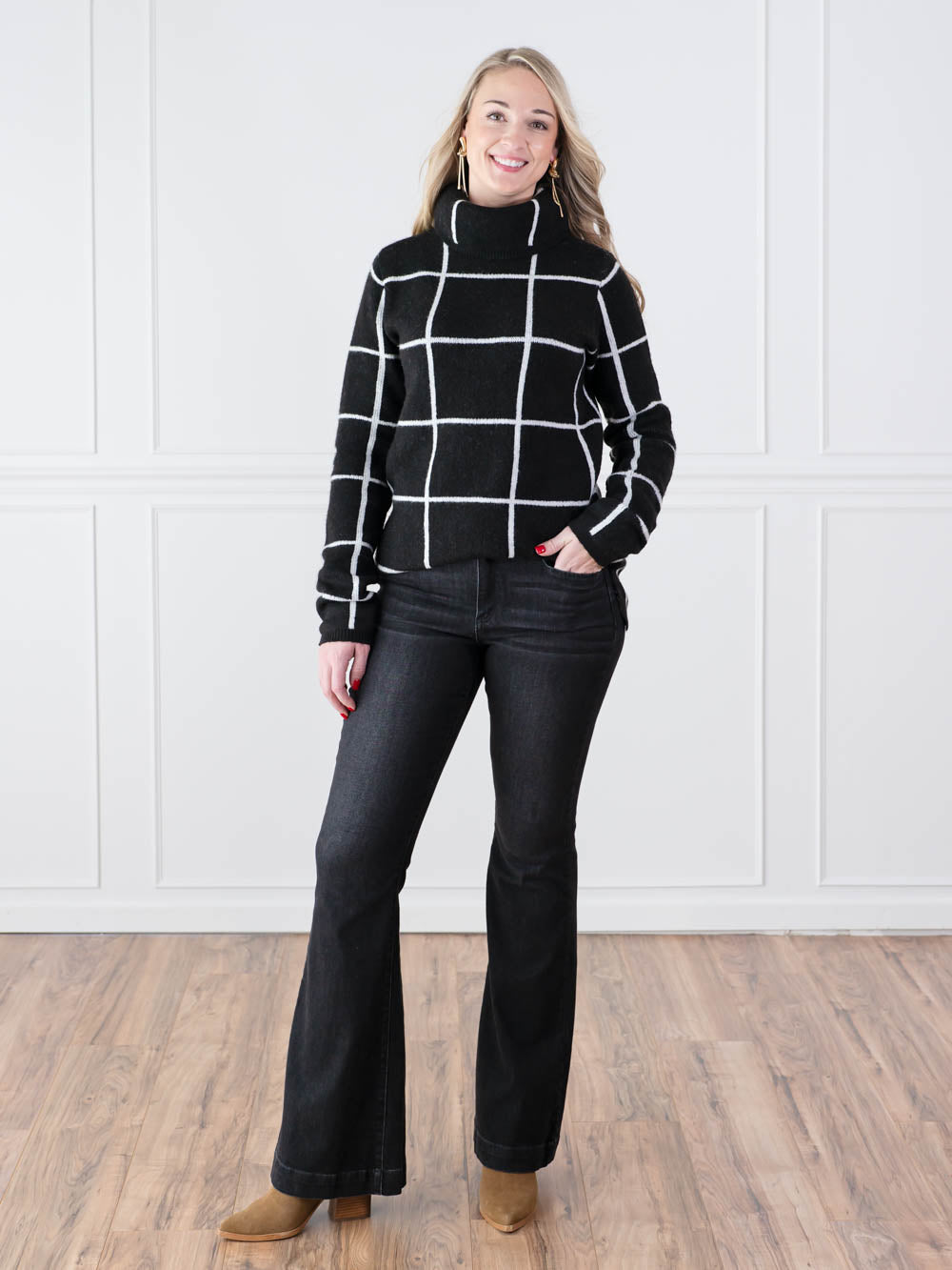 Windowpane Plaid Sweater for Tall Women Outfit