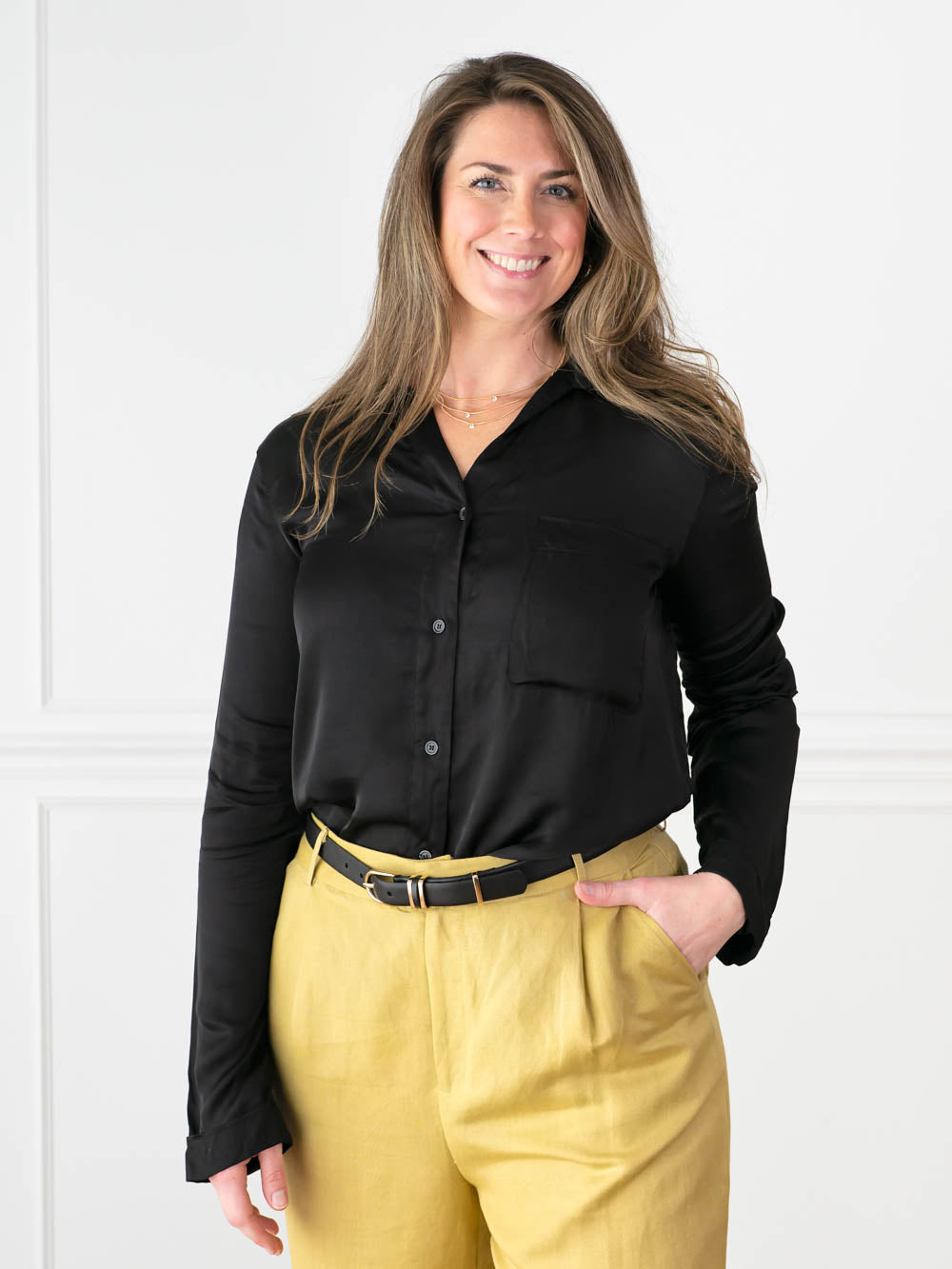 Black Satin Button Up for Tall Women