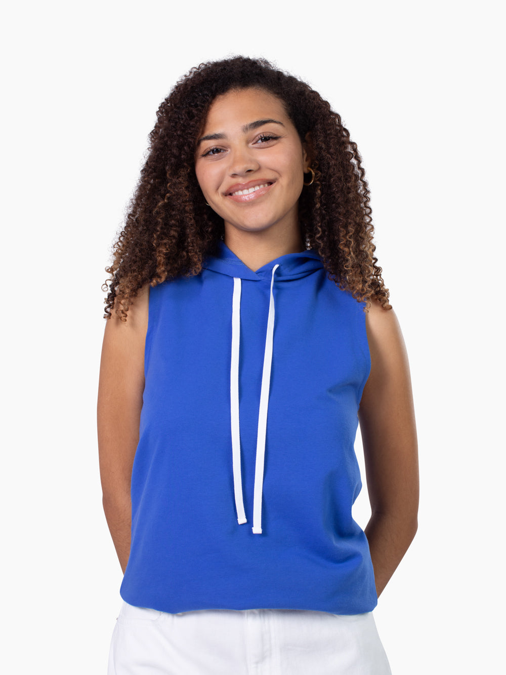 Tall woman wearing Sideline hooded tank in blue