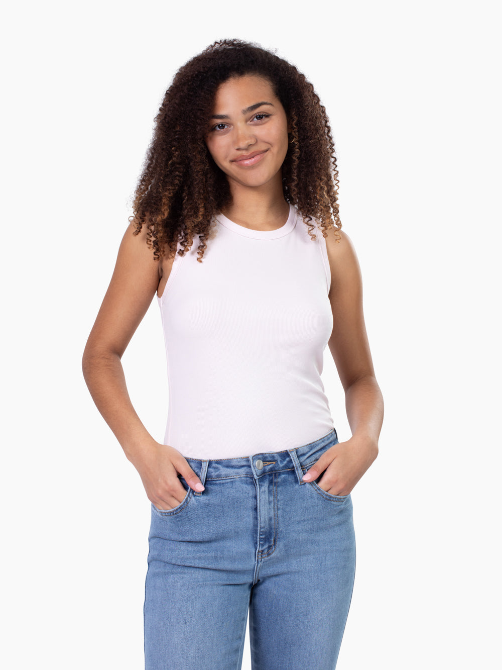 Tall woman wearing Line high neck ribbed tank in ballerina