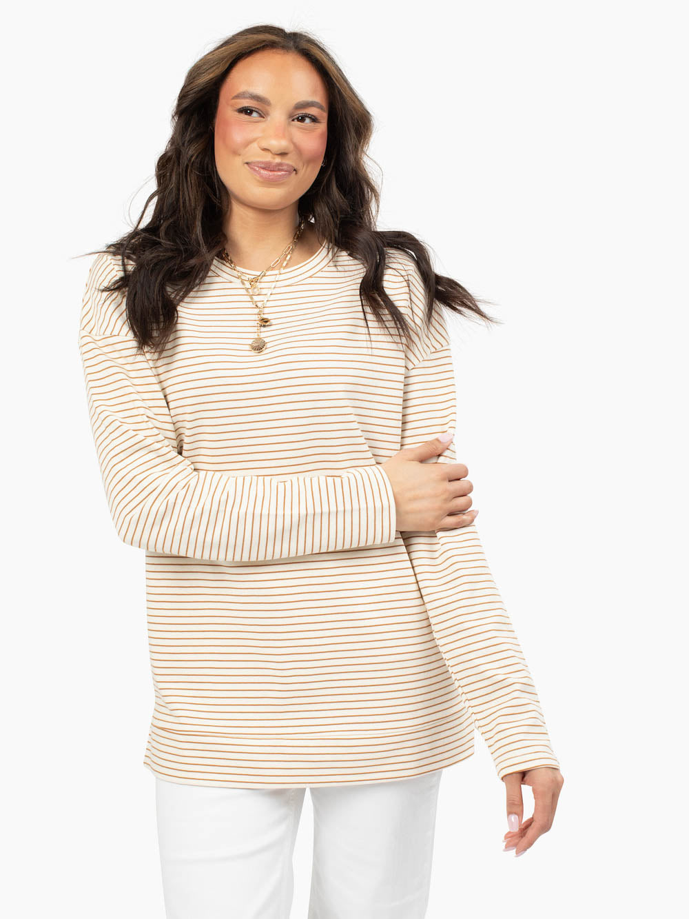Honey striped cotton long sleeve tee styled for tall women