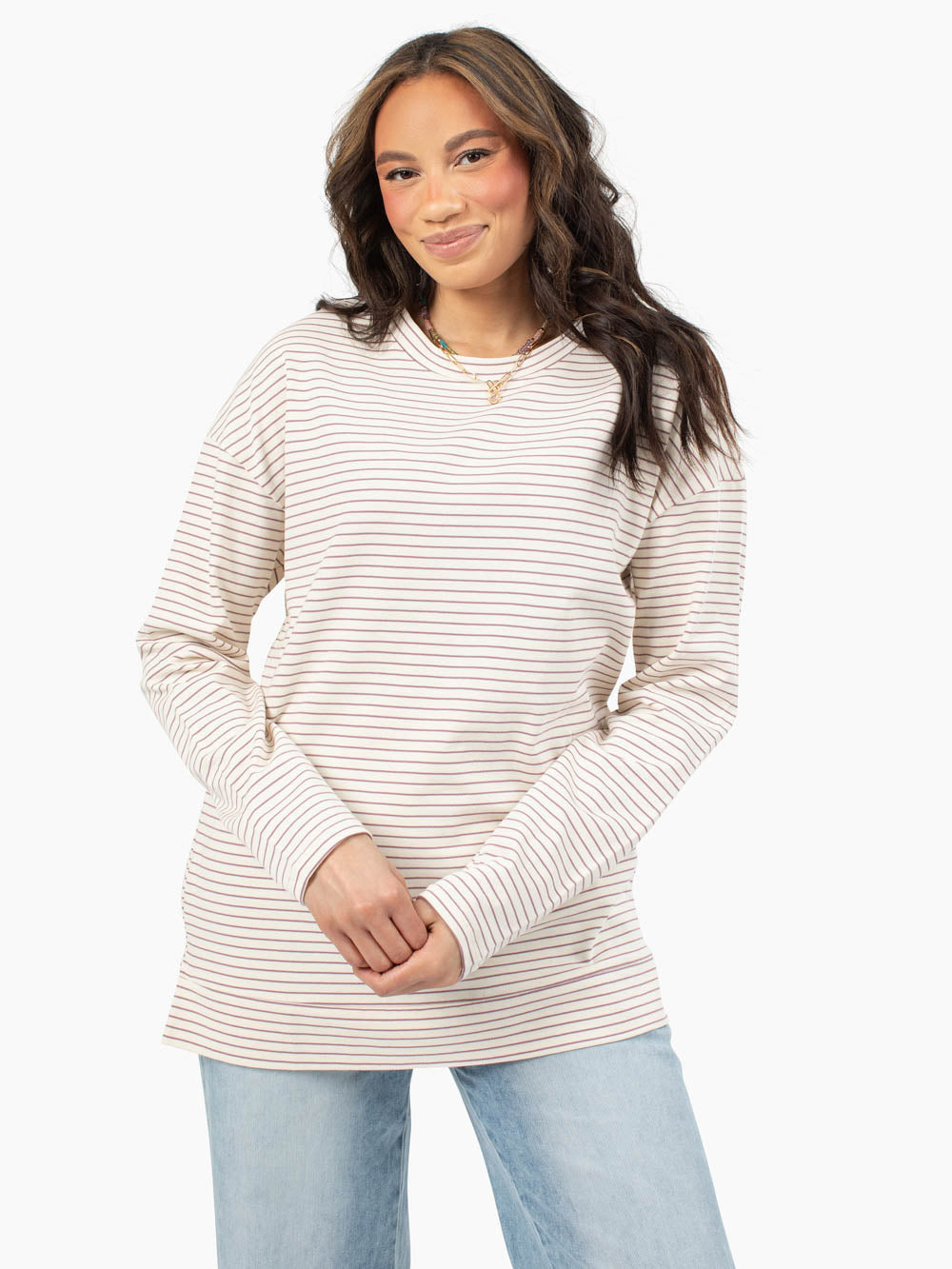 Mauve striped cotton long sleeve tee styled for tall women