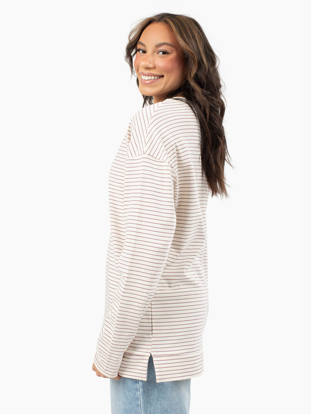 Mauve stripe tall women’s long sleeve t-shirt with longer length