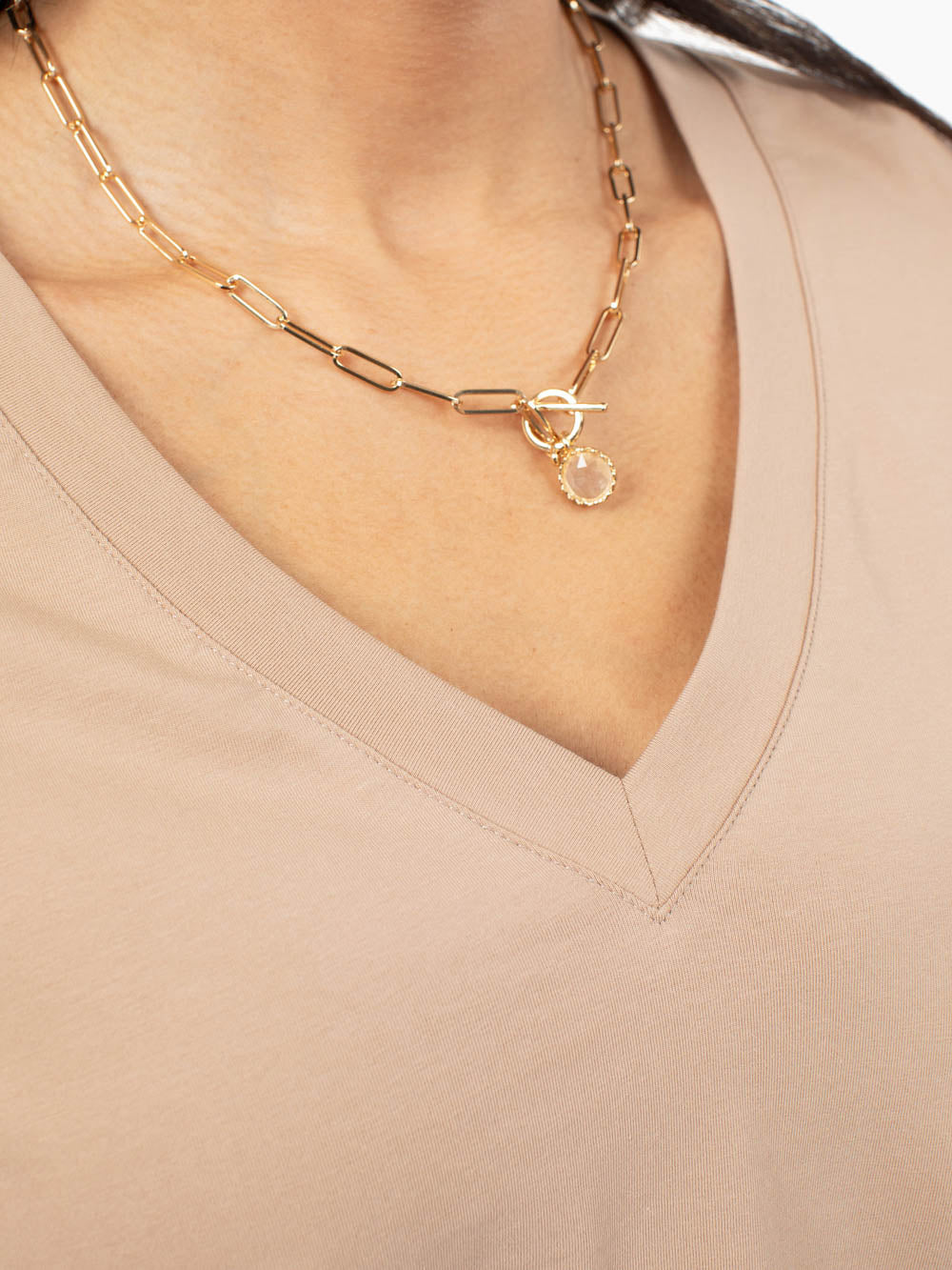 Neutral latte v-neck tee designed for tall women