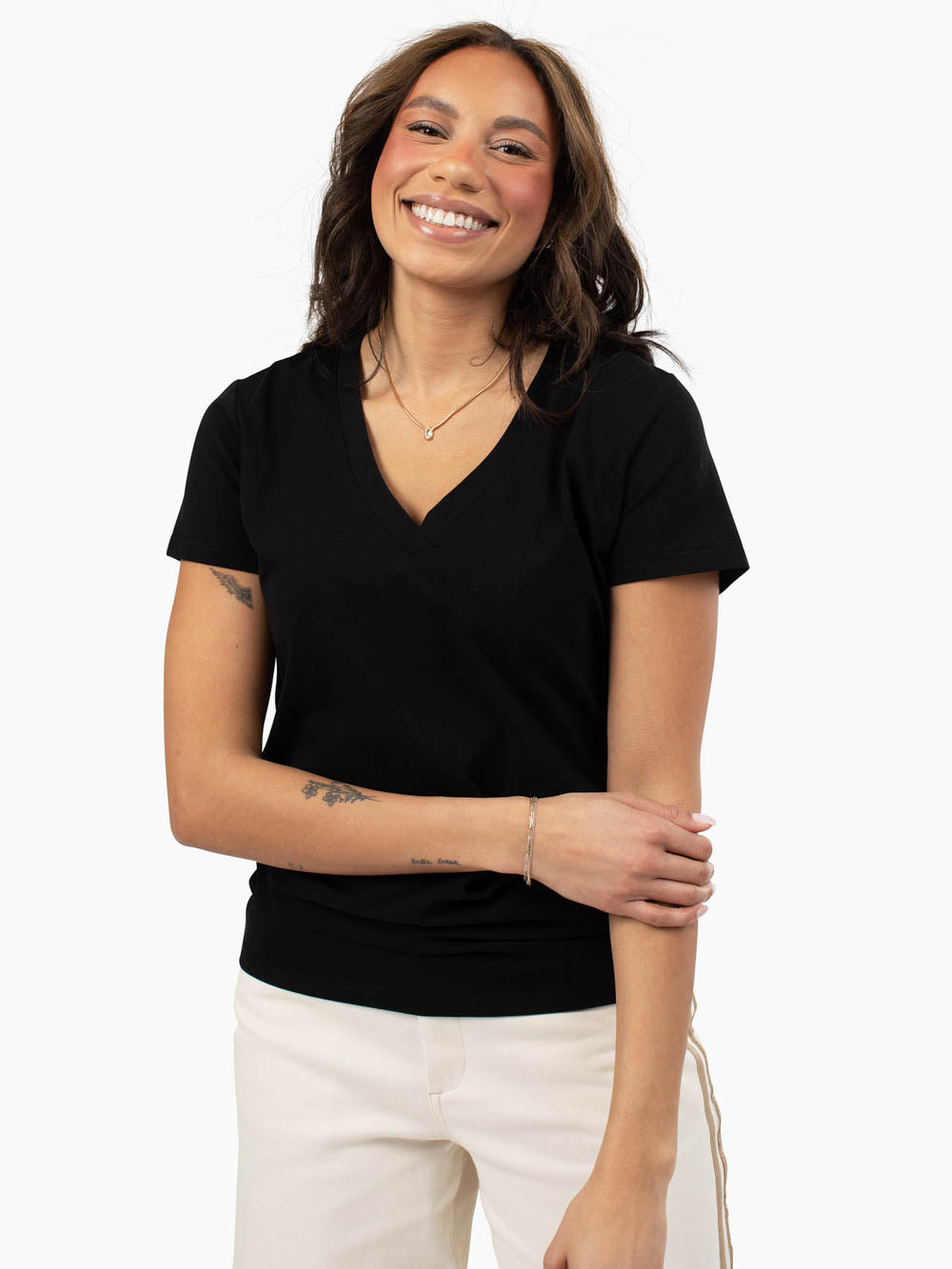 Classic black tall women’s v-neck t-shirt front view