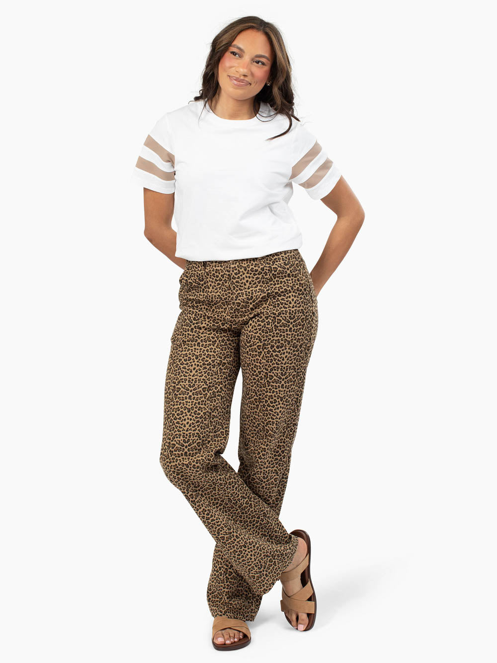 ecru tall women’s t-shirt with taupe stripe sleeve