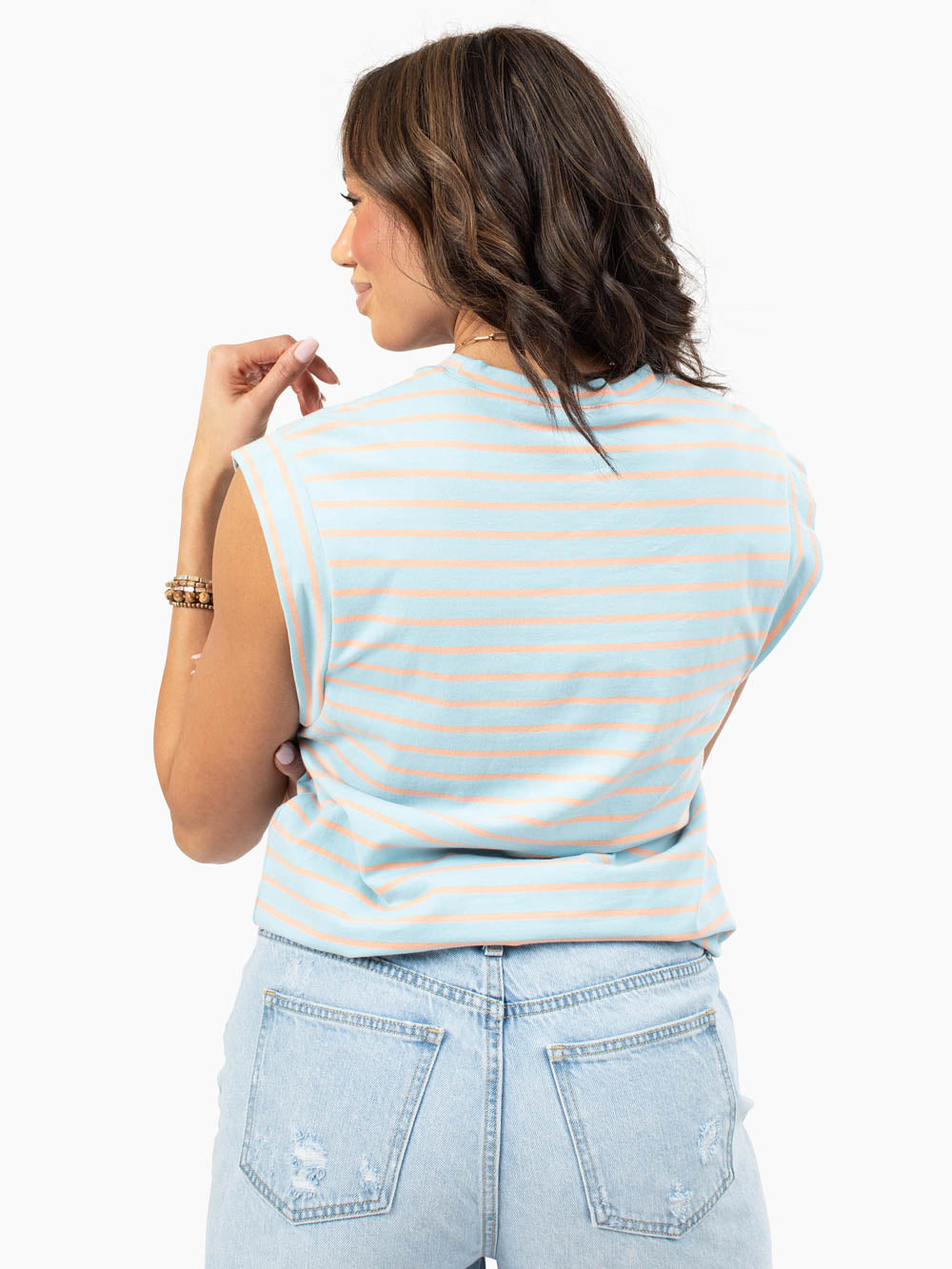 Sky/sherbert kally striped tank styled with tall shorts back view
