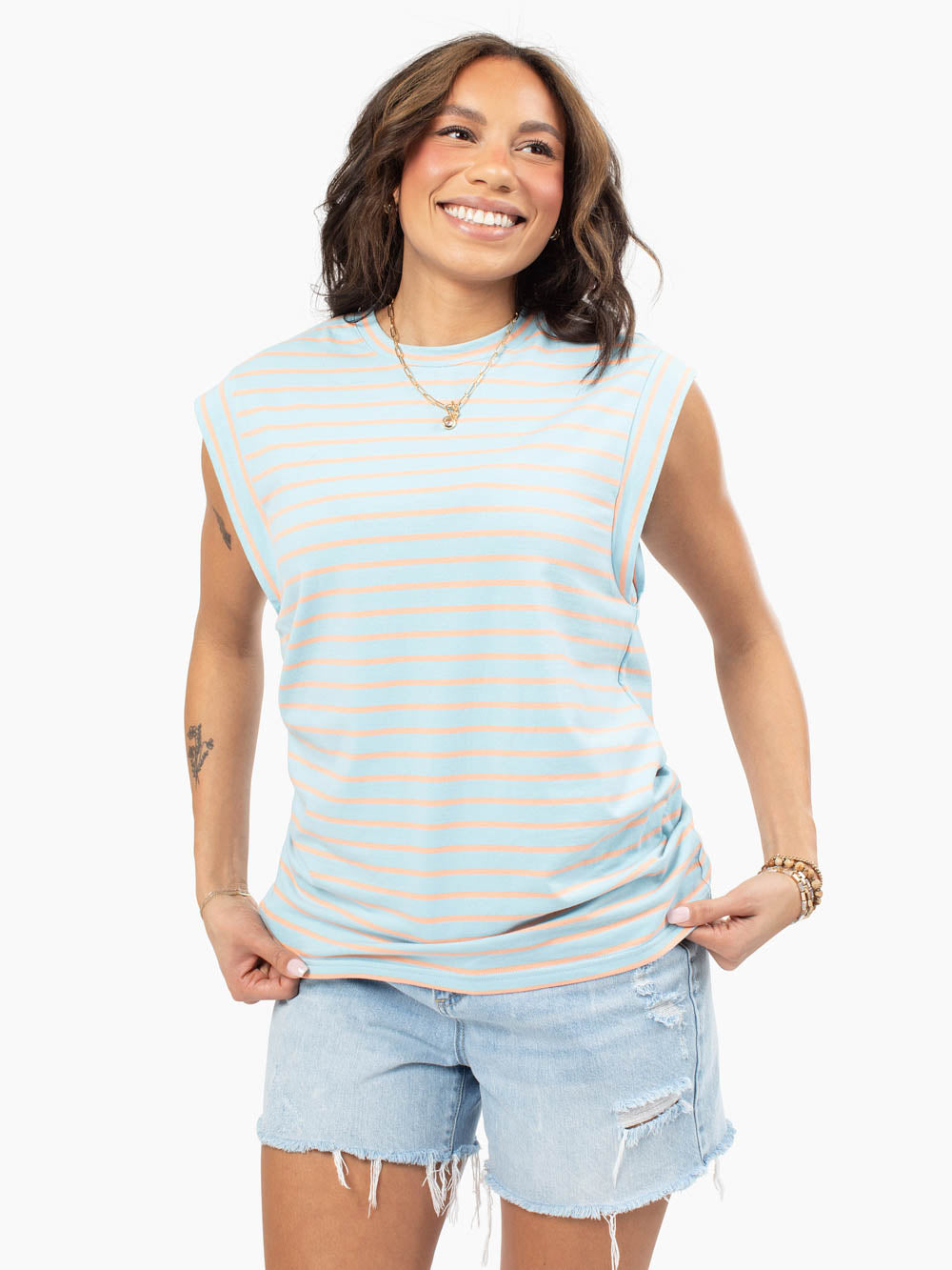 Kally tall sky/sherbert striped tank top with extra length for long torsos