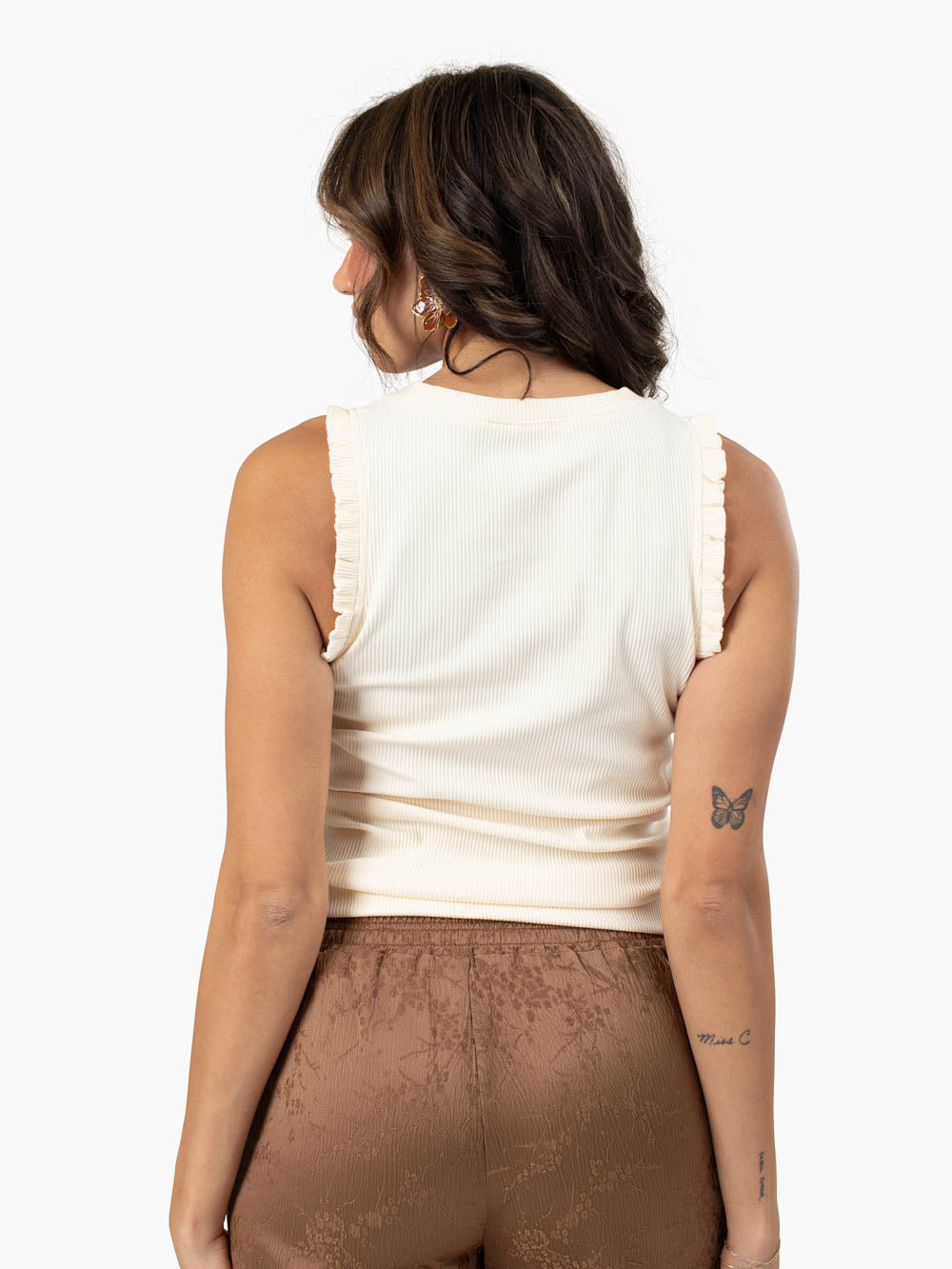 Tall ecru color tank top designed for longer torsos with feminine detail