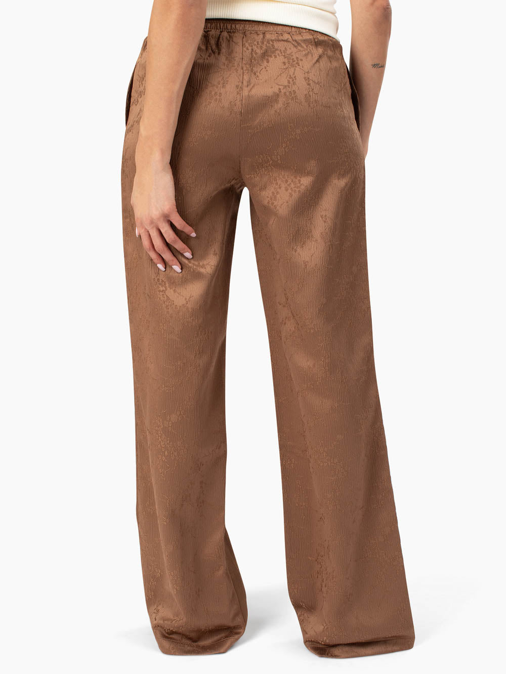 Textured brown floral wide leg pant designed for tall women