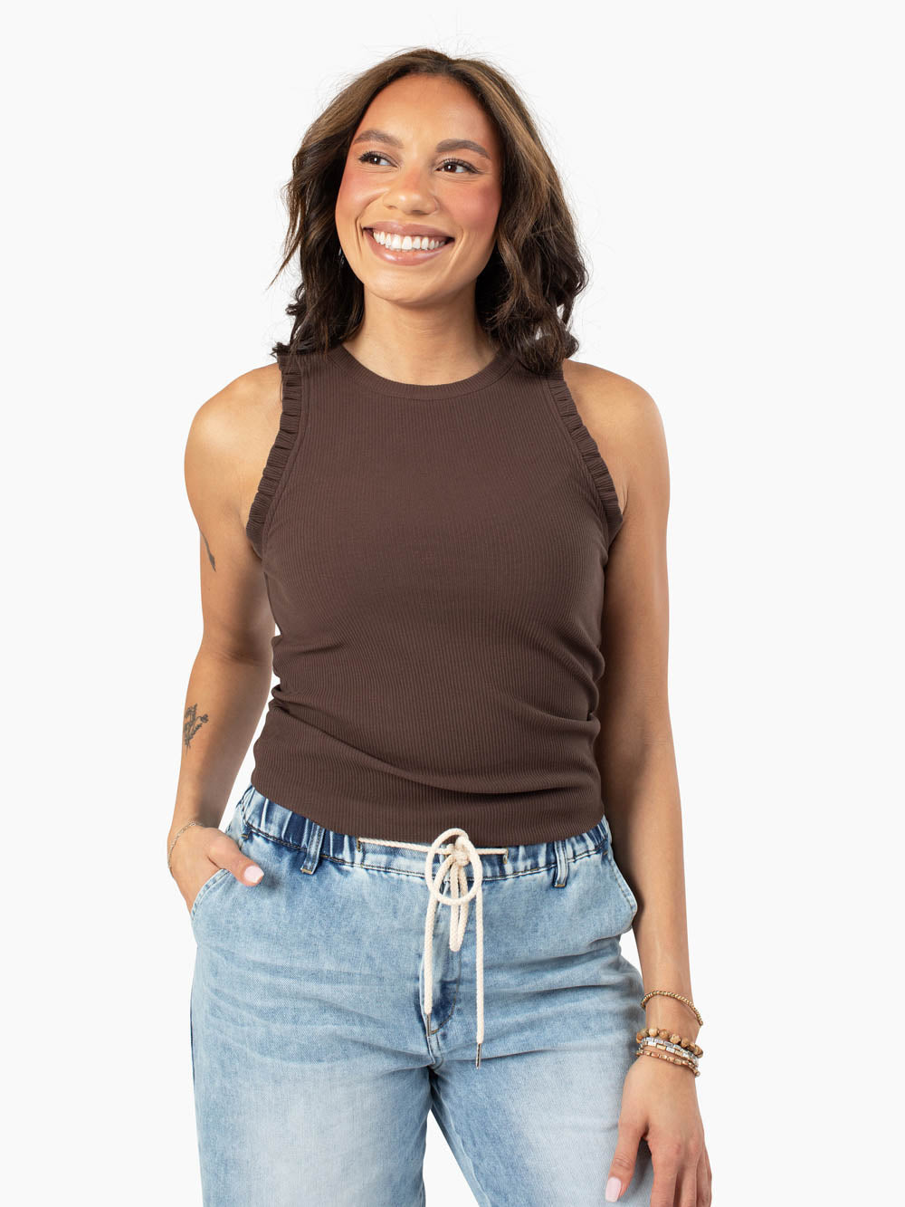 Tall espresso tank top designed for longer torsos with feminine detail