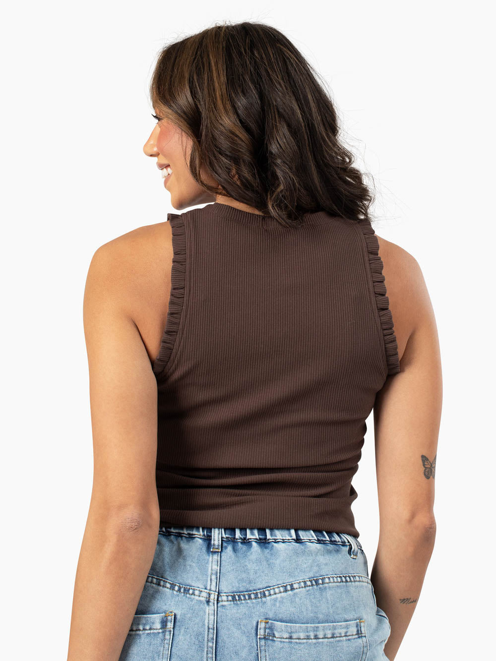 Tall women’s espresso fitted tank top with ruffle shoulders