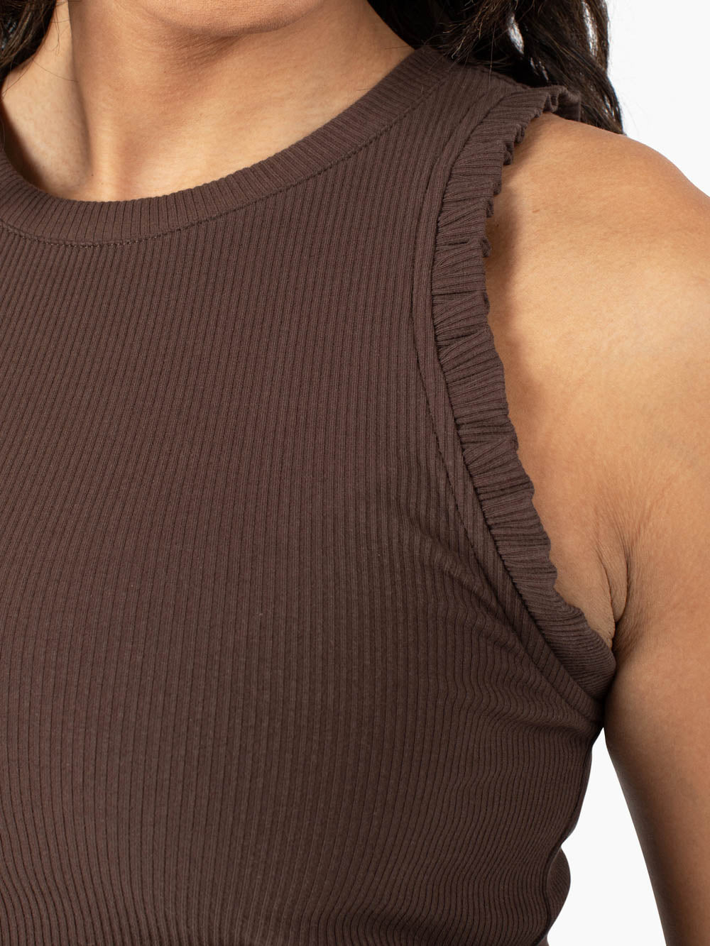 Close up of ruffle shoulder detail on espresso Chloe tank