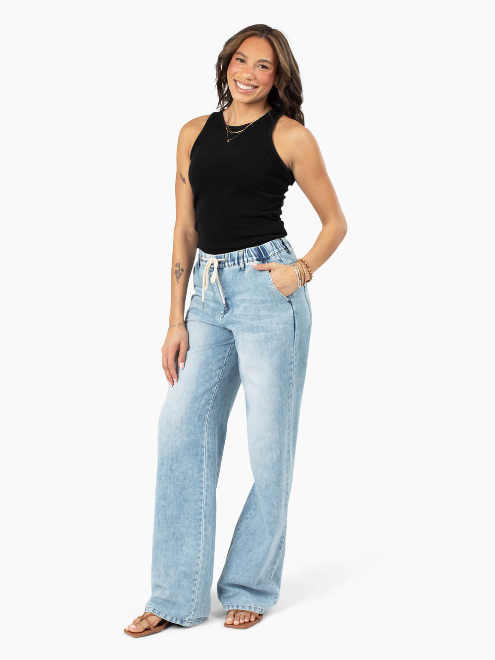 Lennon Drawstring Wide Leg Tall Jean - Light Wash