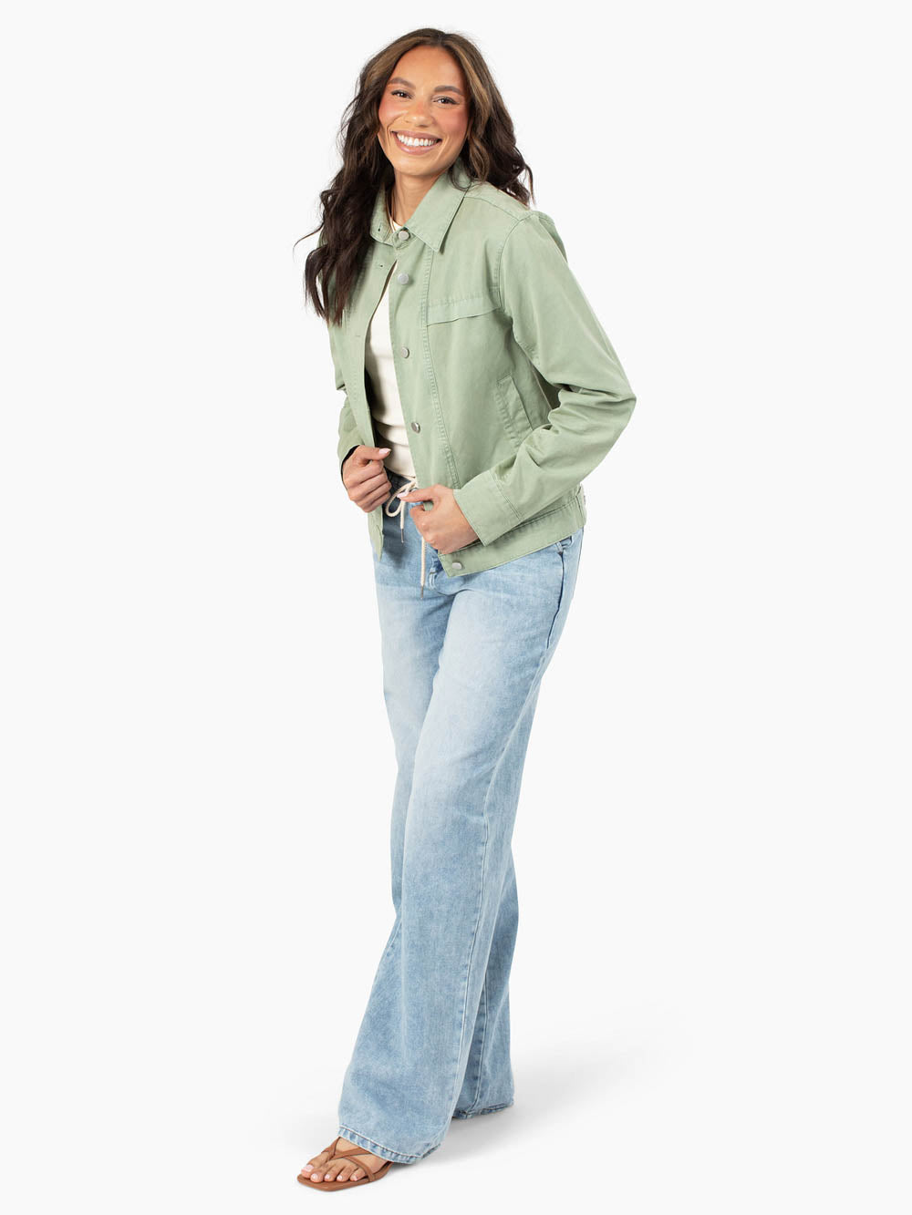 Tall women’s green cotton utility jacket with snap front