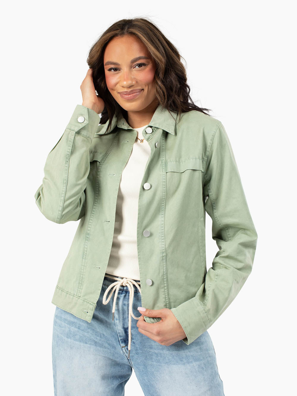 Tall model wearing Ashton green utility jacket front view