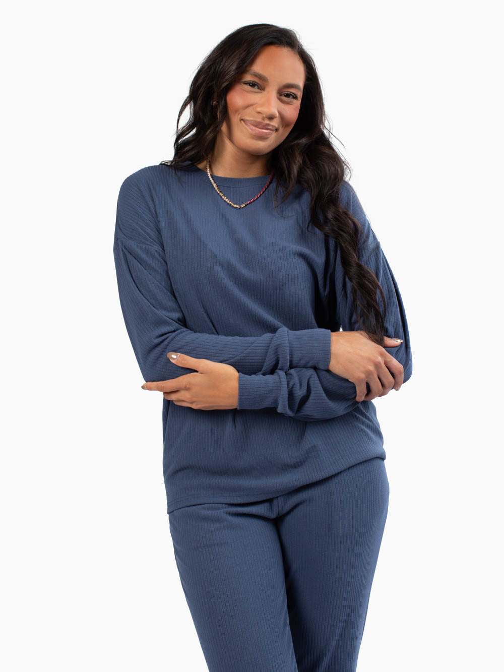 Summit Ribbed Set in blue on tall model – tall loungewear