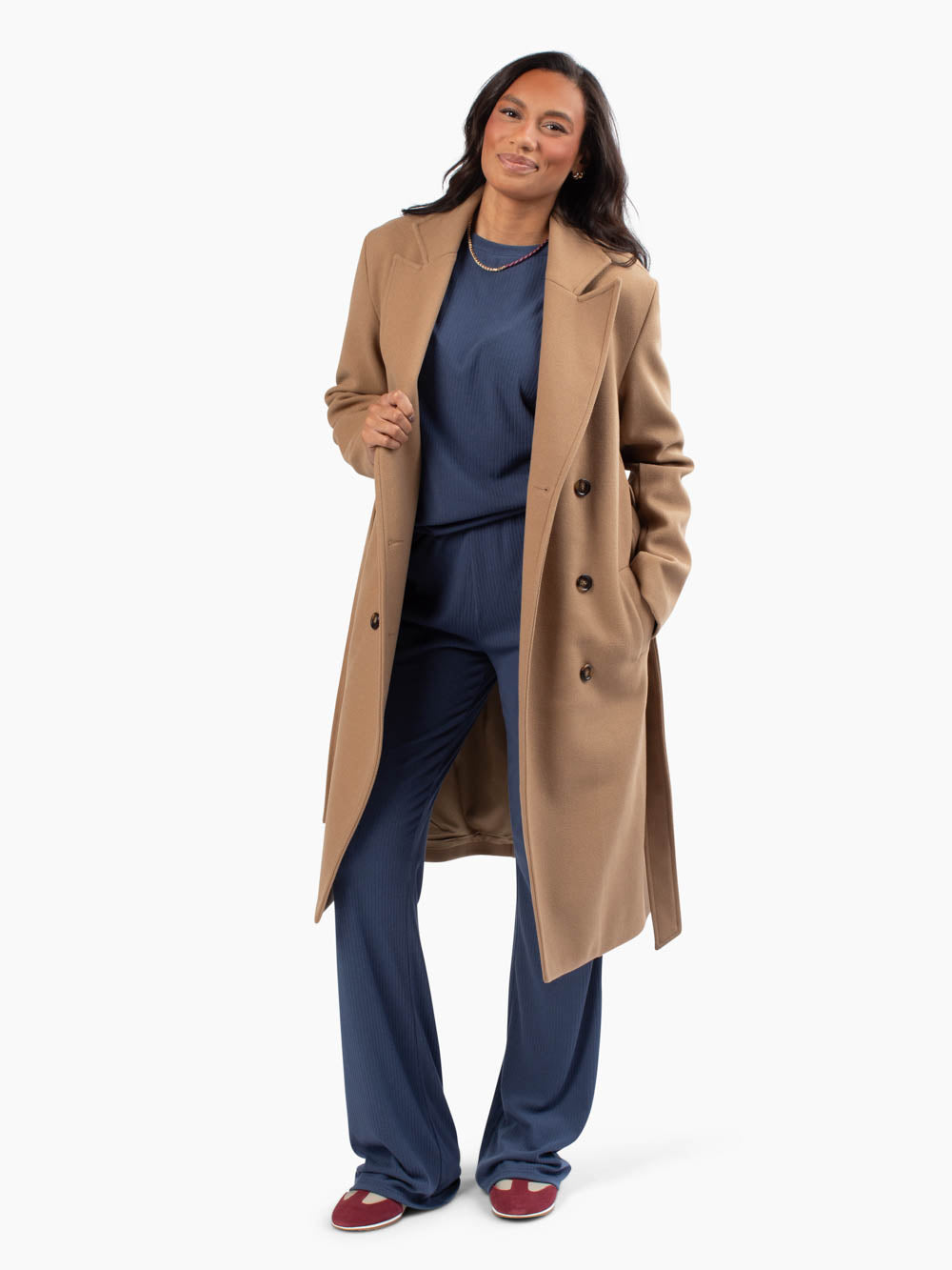 Maple camel double-breasted coat styled with denim