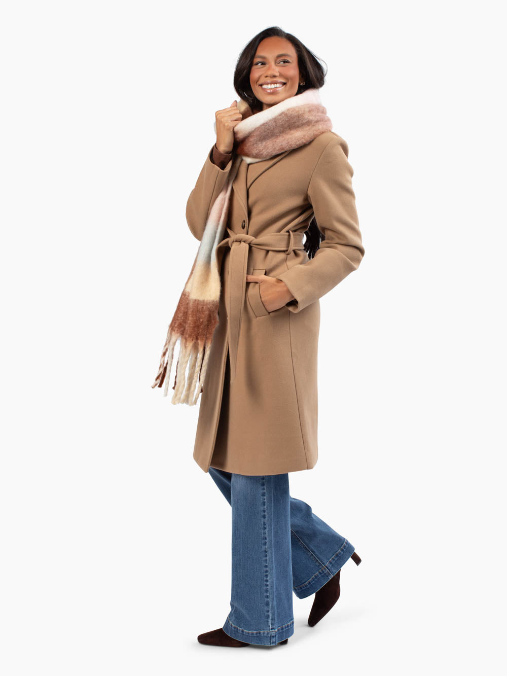 Tall woman wearing the Vivian Double Breasted Coat in Maple