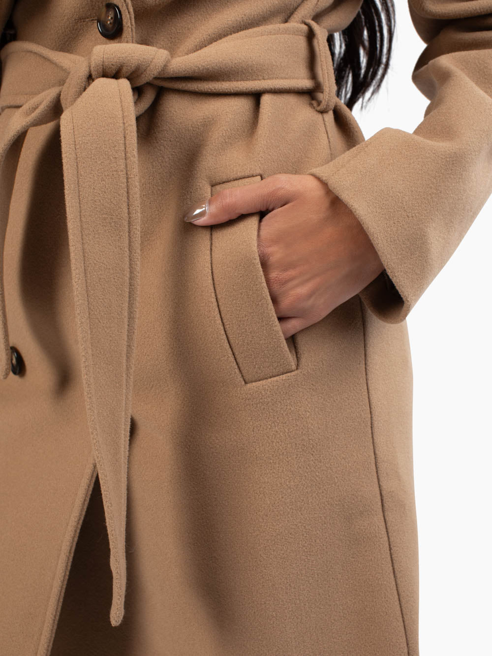 Tall-friendly camel coat with longer sleeves and tailored fit