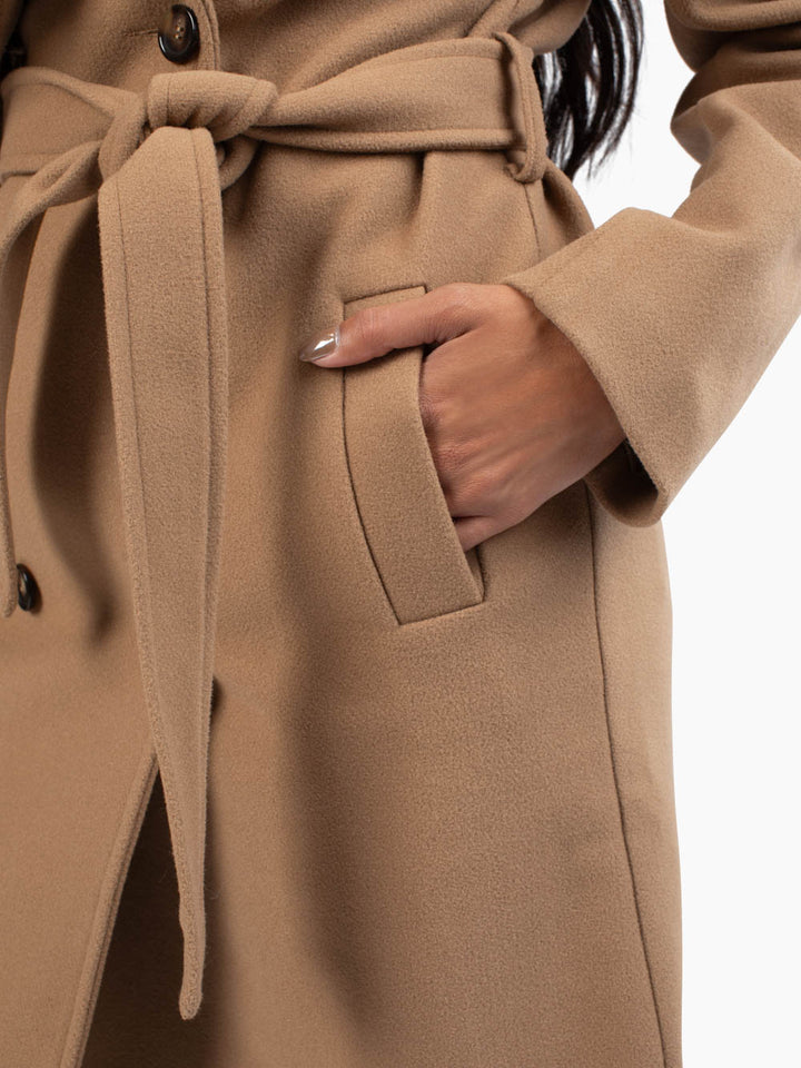 Tall-friendly camel coat with longer sleeves and tailored fit